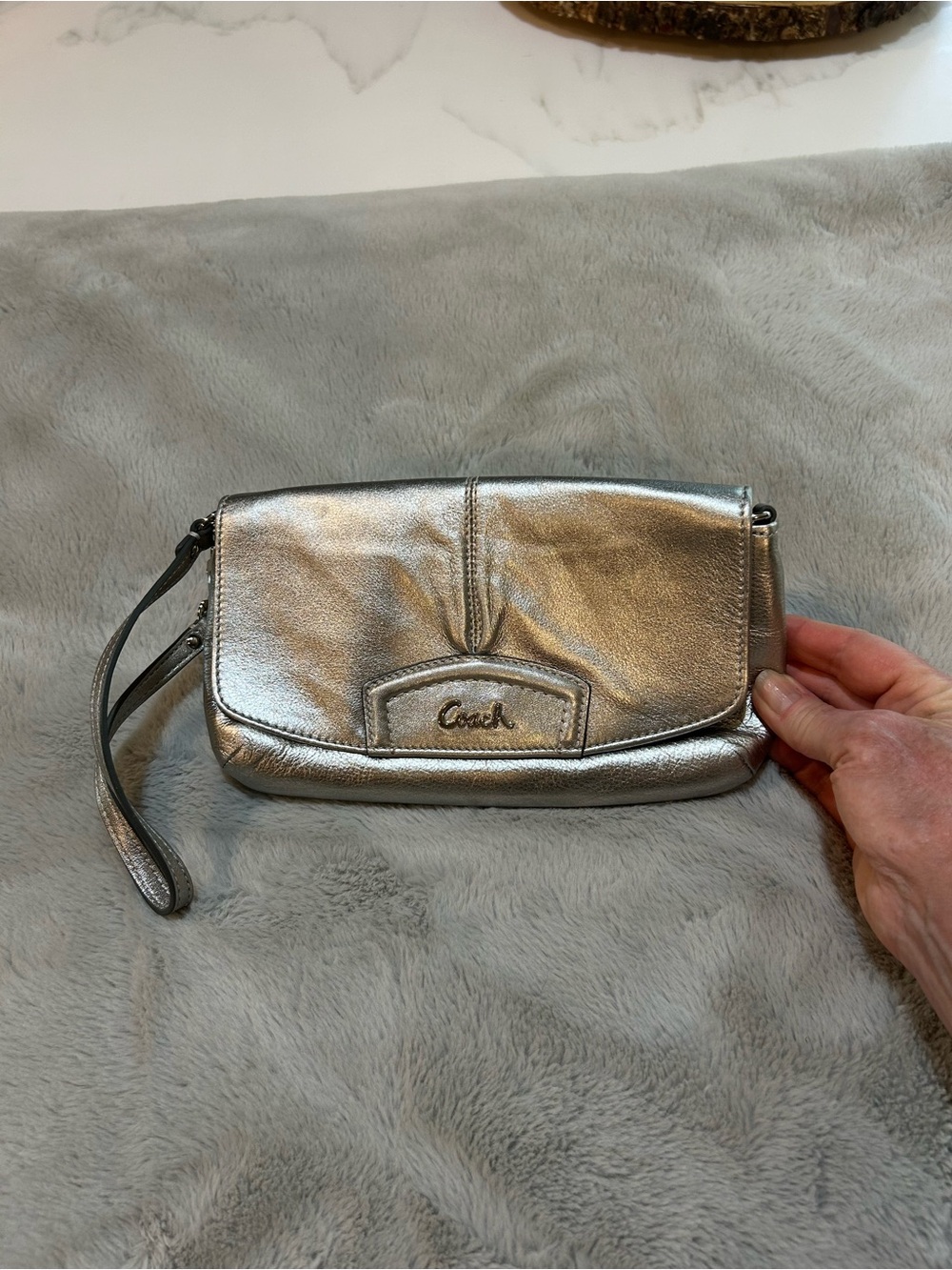Coach Silver Metallic Wristlet Clutch with Detachable Strap